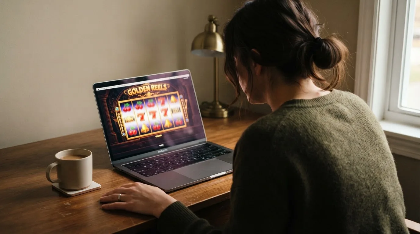 Person am Laptop liest eine Übersichtsseite zu Geldspielen im Internet — 10 franken bonus ohne einzahlung casino