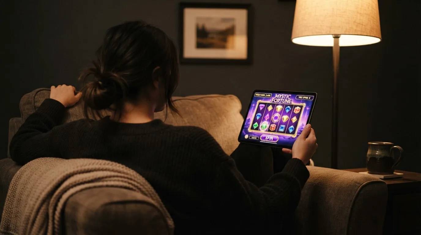 Person sitzt entspannt im Sessel und liest auf ihrem Tablet, eine Stehlampe wirft warmes Licht.