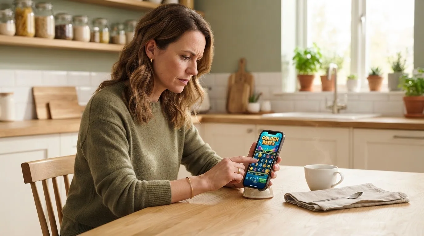 Frau tippt konzentriert auf ihrem Smartphone an einem Küchentisch, eine Tasse Kaffee steht griffbereit daneben.