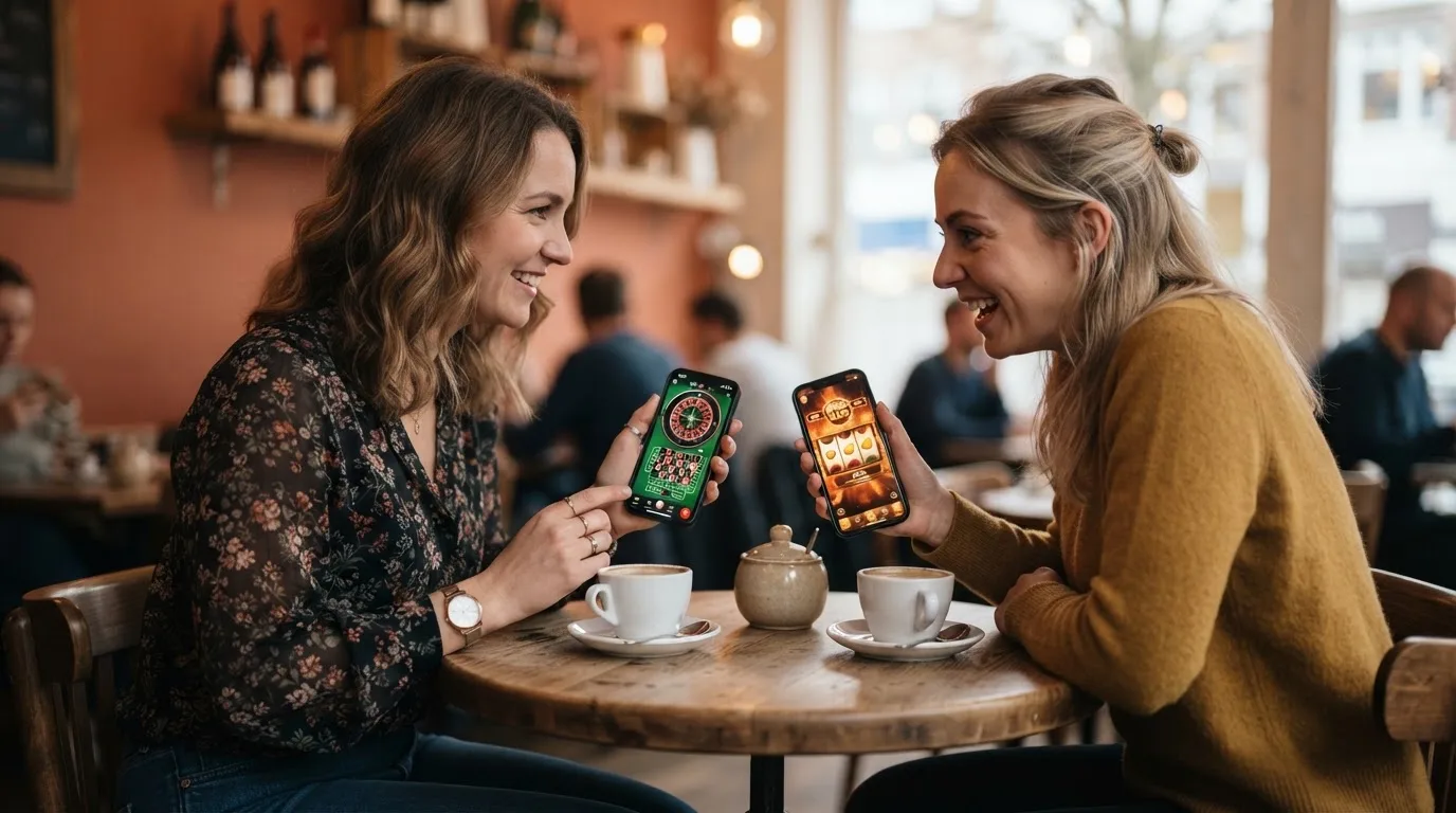 Zwei Freunde vergleichen an einem Cafétisch etwas auf ihren Smartphones, Tassen mit Kaffee stehen daneben.