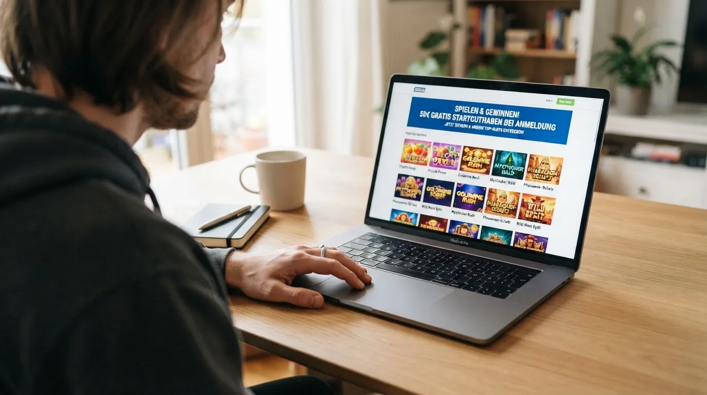 Person am Laptop liest eine Übersichtsseite zu Geldspielen im Internet — 15 franken bonus ohne einzahlung casino