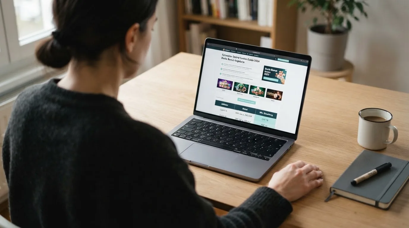 Person am Laptop liest eine Übersichtsseite zu Geldspielen im Internet — 150 freispiele ohne einzahlung