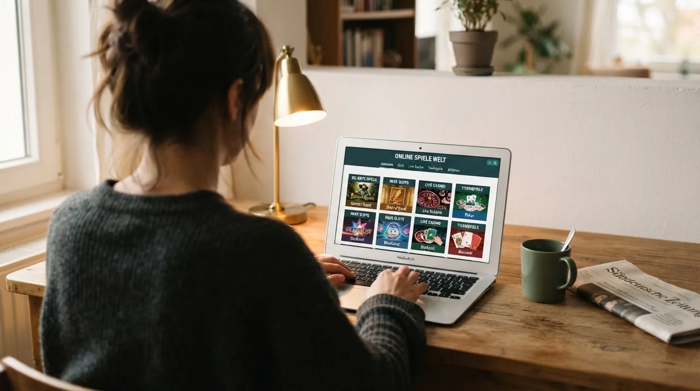 Person am Laptop liest eine Übersichtsseite zu Geldspielen im Internet — 20 franken bonus ohne einzahlung casino