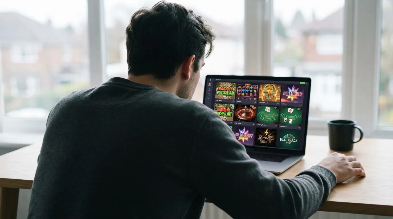 Person am Laptop liest eine Übersichtsseite zu Geldspielen im Internet — 20 freispiele ohne einzahlung
