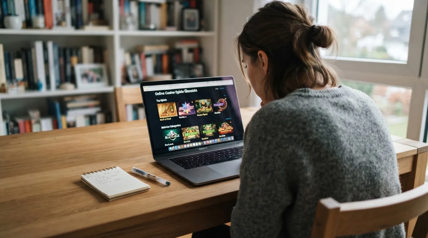 Person am Laptop liest eine Übersichtsseite zu Geldspielen im Internet — 200 freispiele ohne einzahlung