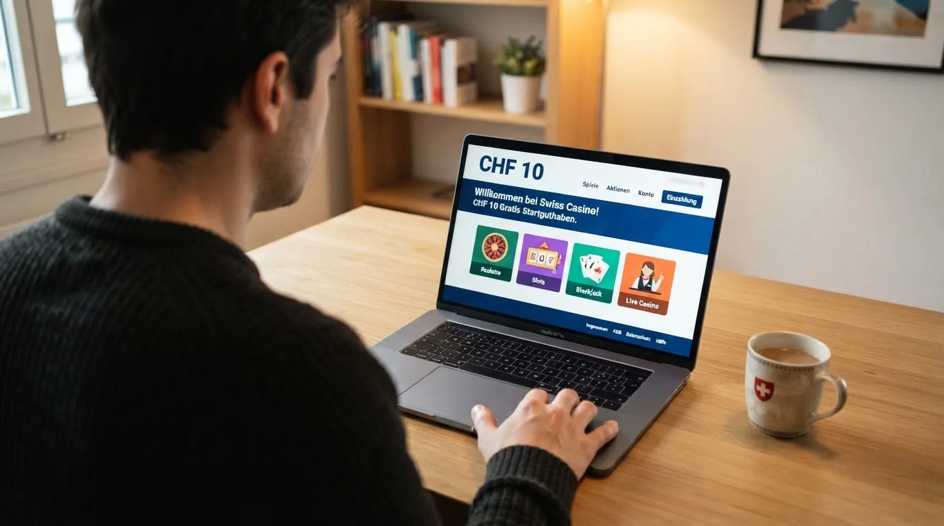Person am Laptop liest eine Übersichtsseite zu Geldspielen im Internet — 30 franken bonus ohne einzahlung casino