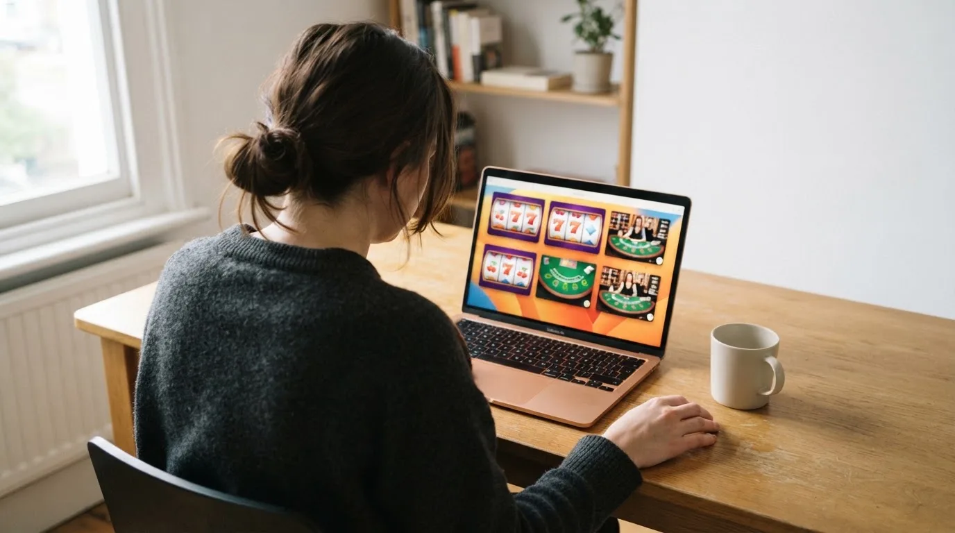 Person am Laptop liest eine Übersichtsseite zu Geldspielen im Internet — 40 franken bonus ohne einzahlung casino
