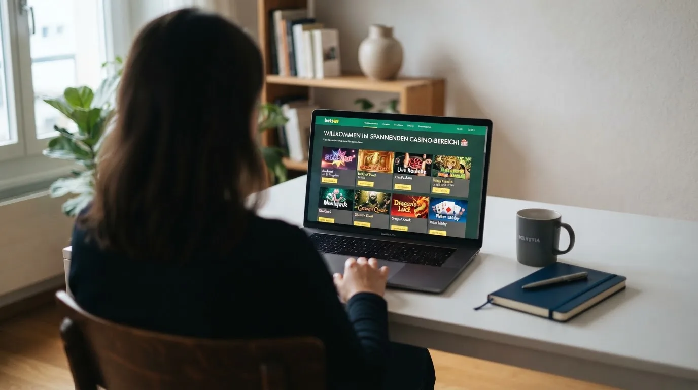 Person am Laptop liest eine Übersichtsseite zu Geldspielen im Internet — 5 franken bonus ohne einzahlung casino