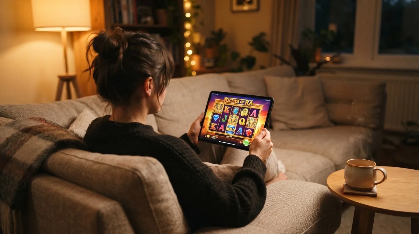 Person sitzt entspannt mit Tablet auf dem Sofa, warmes Lampenlicht, eine Tasse Tee steht daneben auf einem kleinen Tisch.