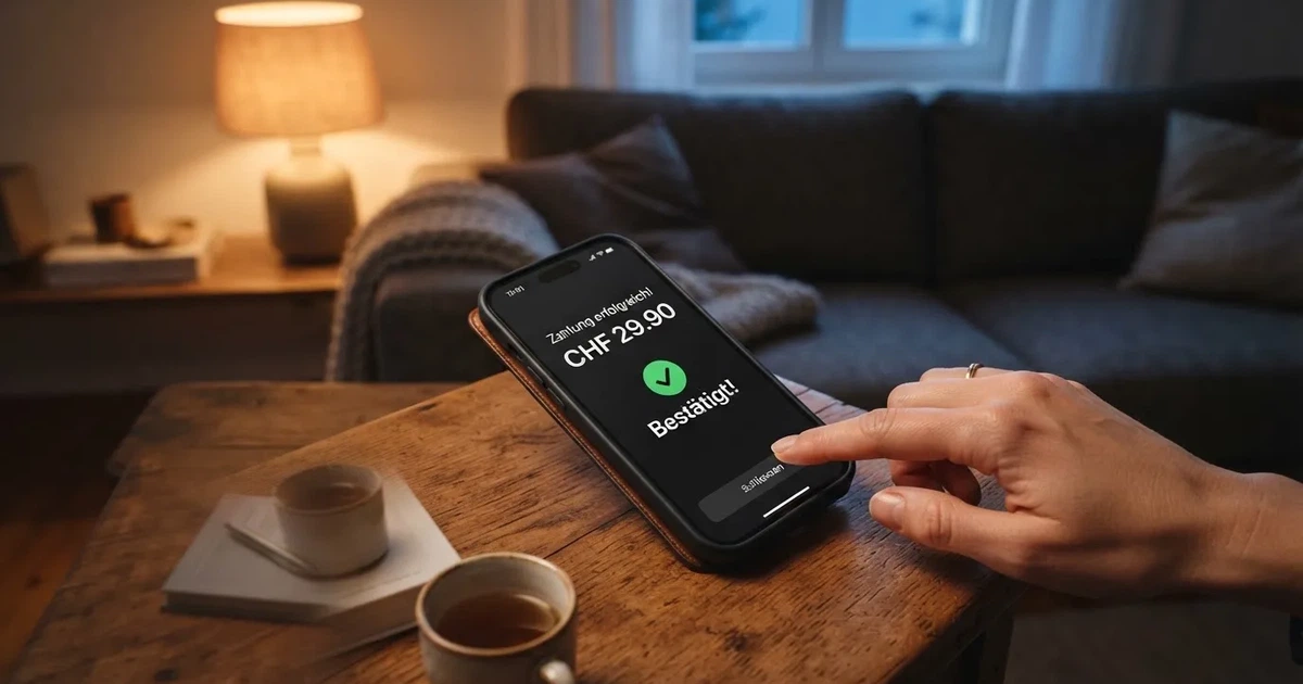 Nahaufnahme einer Hand, die auf einem Smartphone eine Zahlungsbestätigung antippt, im Hintergrund eine gemütliche Wohnzimmerecke am Abend.