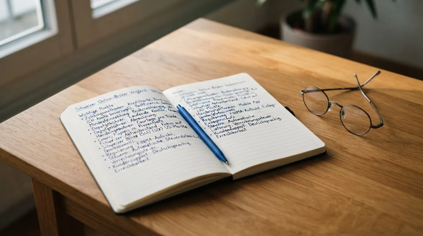 Ein Notizbuch mit handschriftlichen Stichpunkten liegt neben einer Brille auf einem Holzschreibtisch bei Tageslicht.
