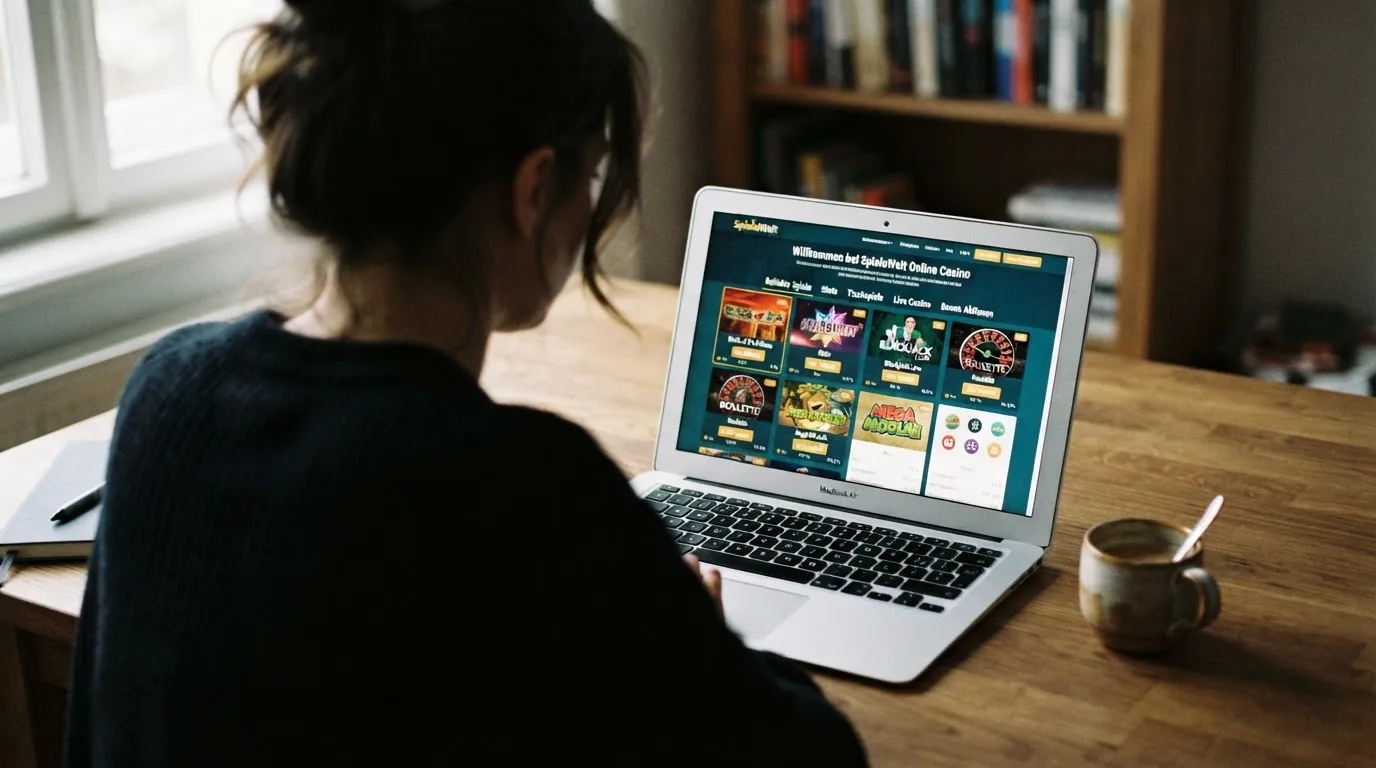 Person am Laptop liest eine Übersichtsseite zu Geldspielen im Internet — aviator online casino