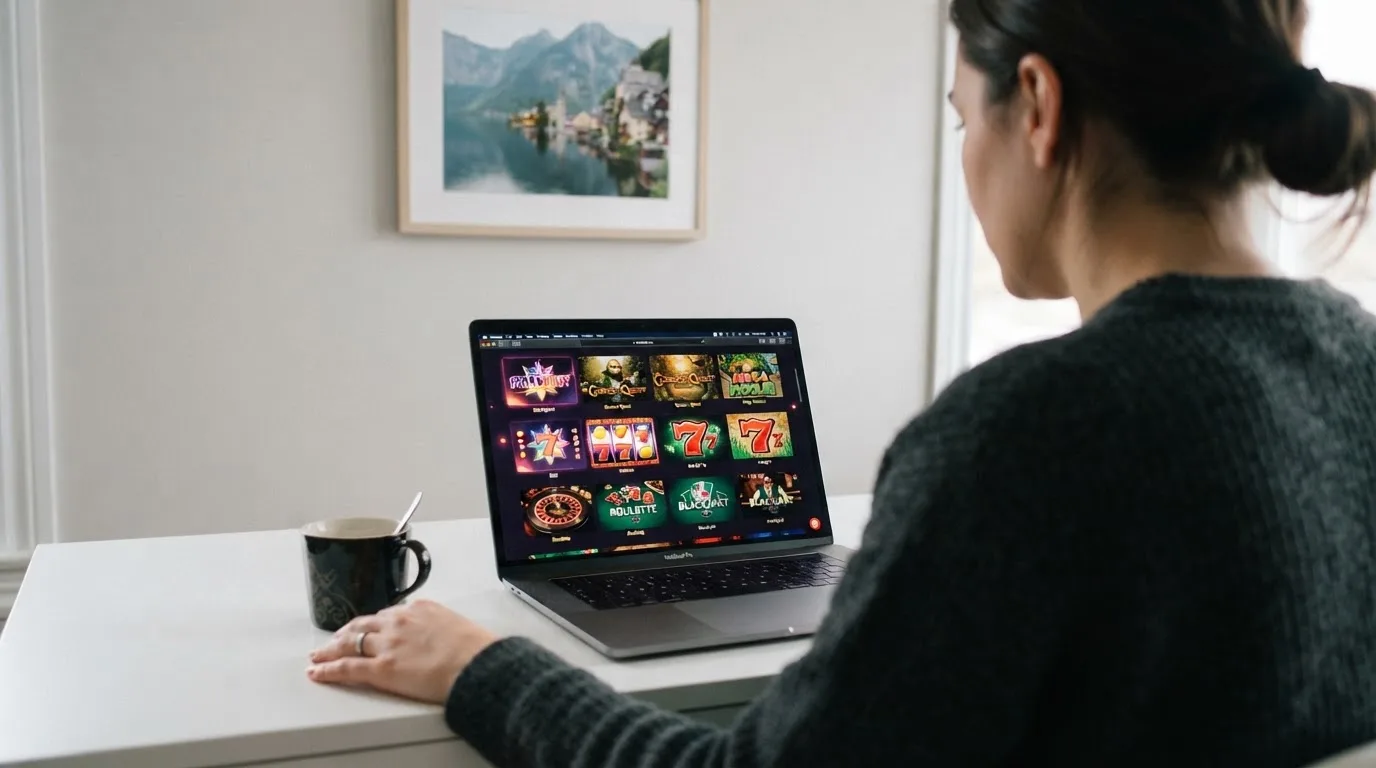 Person am Laptop liest eine Übersichtsseite zu Geldspielen im Internet — beste ausländische casinos für schweizer spieler