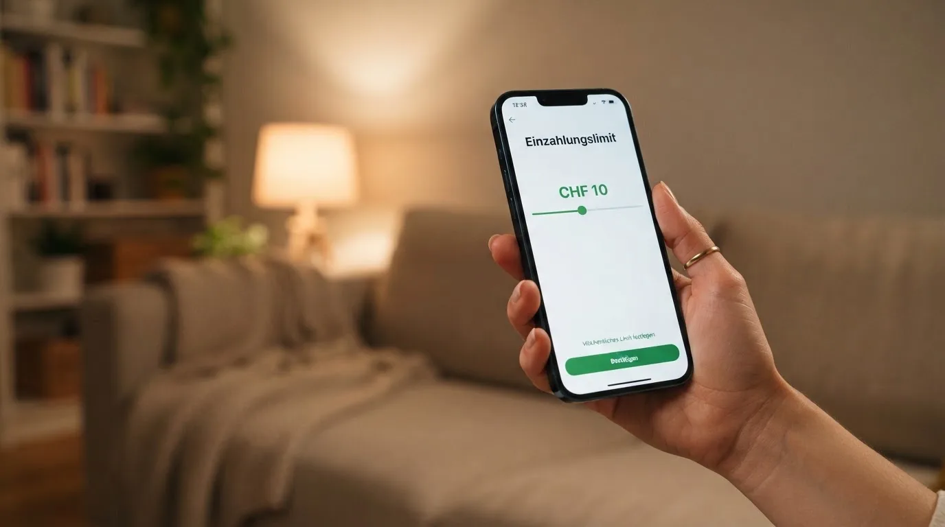 Hand hält ein Smartphone mit einem Formular zur Einzahlungsgrenze, ruhige Stimmung — beste ausländische casinos für schweizer spieler