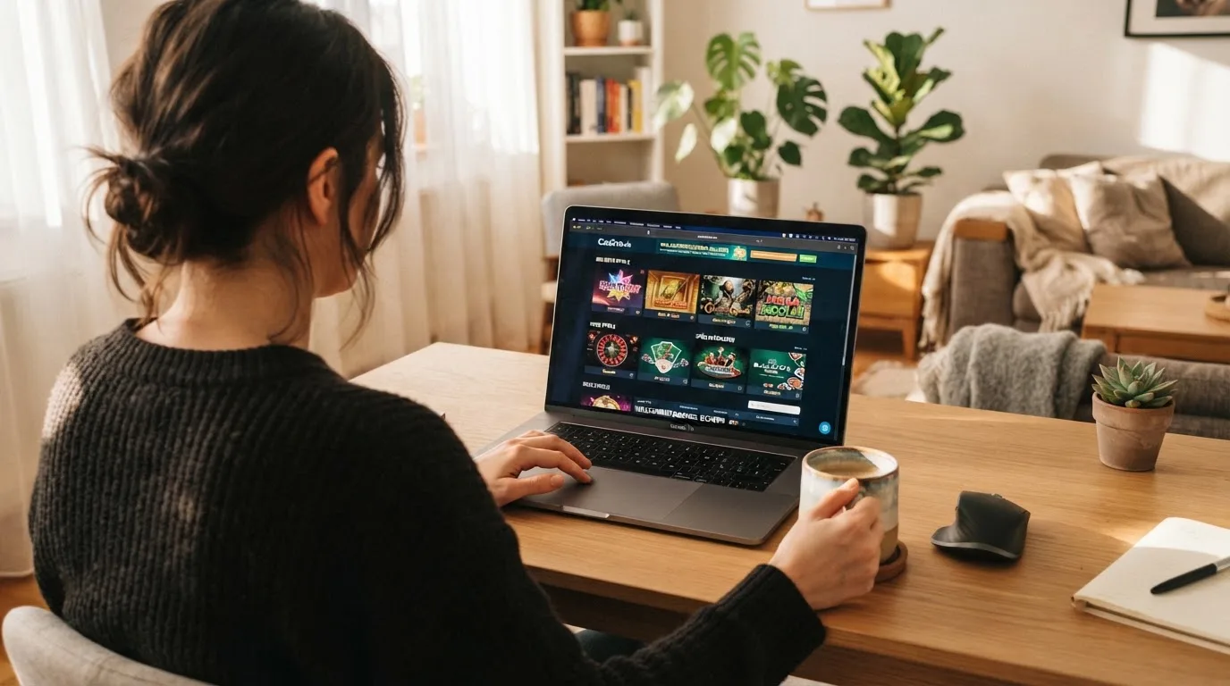 Person am Laptop liest eine Übersichtsseite zu Geldspielen im Internet — beste casino ohne verifizierung auszahlen