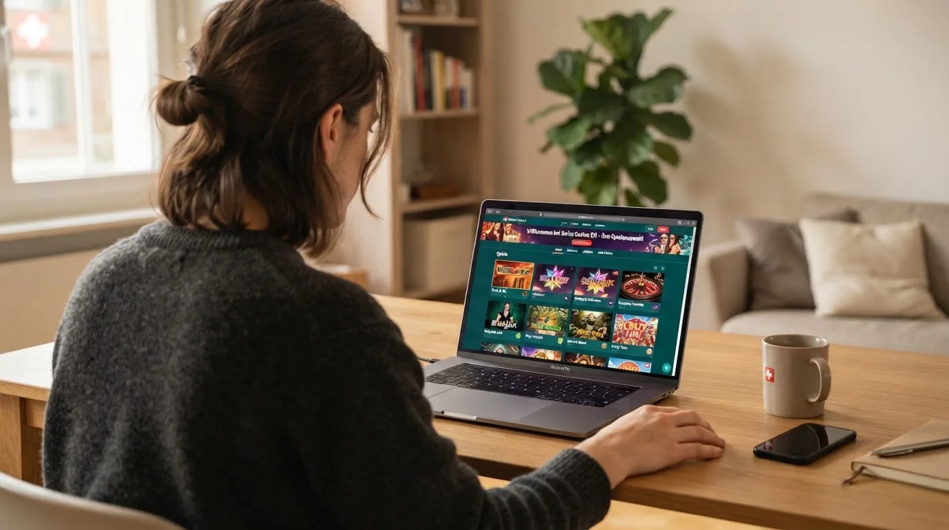 Person am Laptop liest eine Übersichtsseite zu Geldspielen im Internet — beste live baccarat schweiz