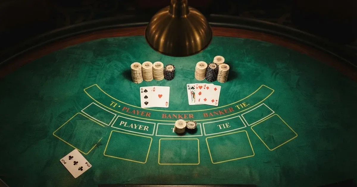 Beleuchteter Spieltisch mit Karten, von oben gesehen — beste live baccarat schweiz
