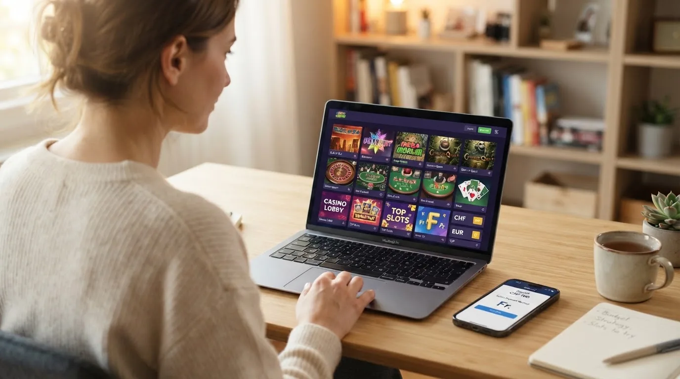 Person am Laptop liest eine Übersichtsseite zu Geldspielen im Internet — beste online casino ausland