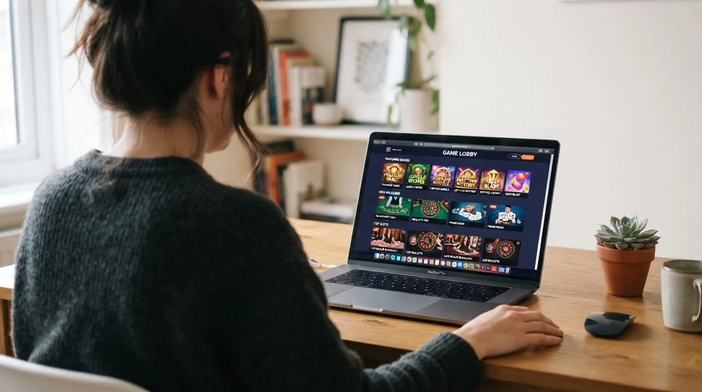 Person am Laptop liest eine Übersichtsseite zu Geldspielen im Internet — beste online casino echtgeld app