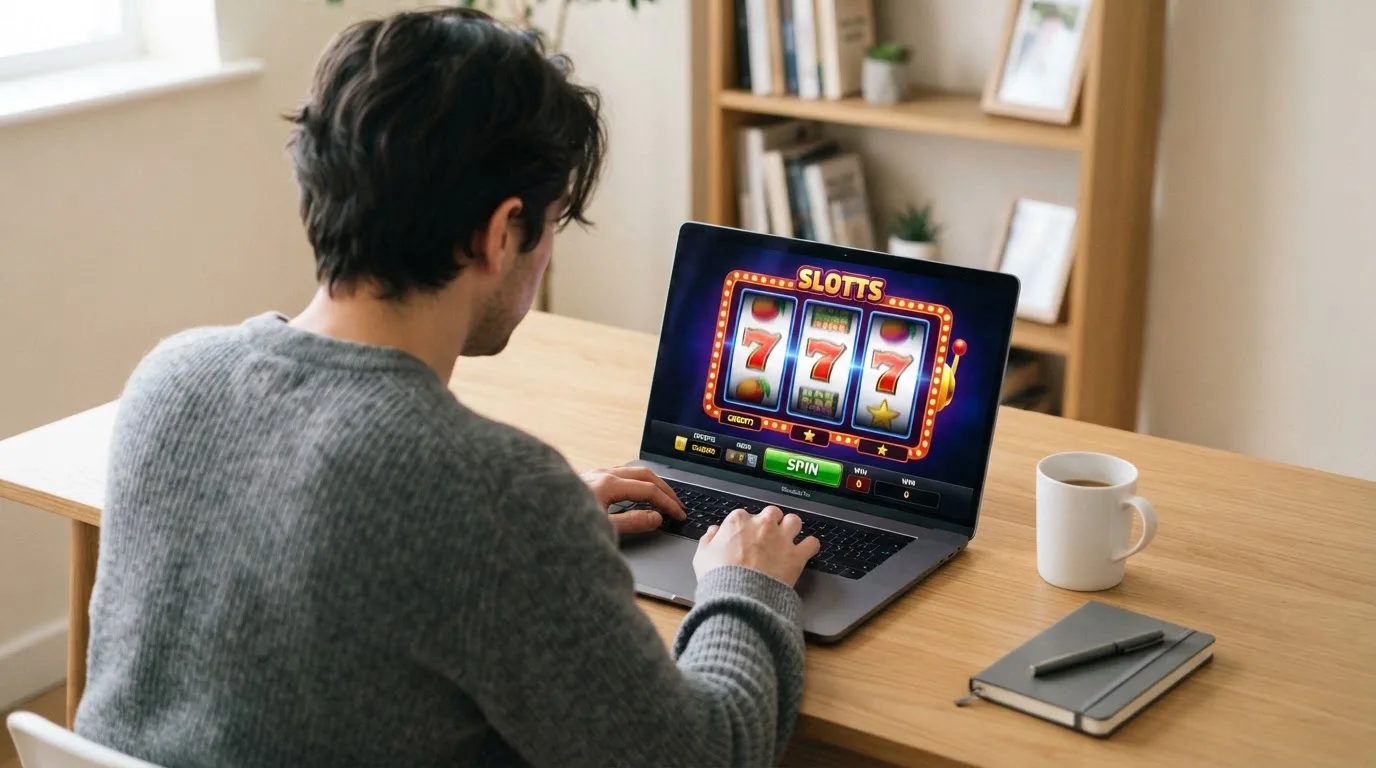 Person am Laptop liest eine Übersichtsseite zu Geldspielen im Internet — beste online casino mit apple pay bezahlen