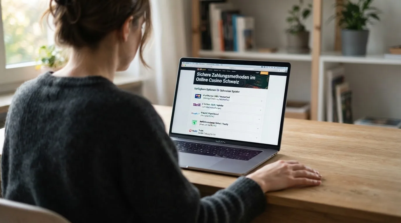 Person am Laptop liest eine Übersichtsseite zu Geldspielen im Internet — beste online casino mit banküberweisung bezahlen