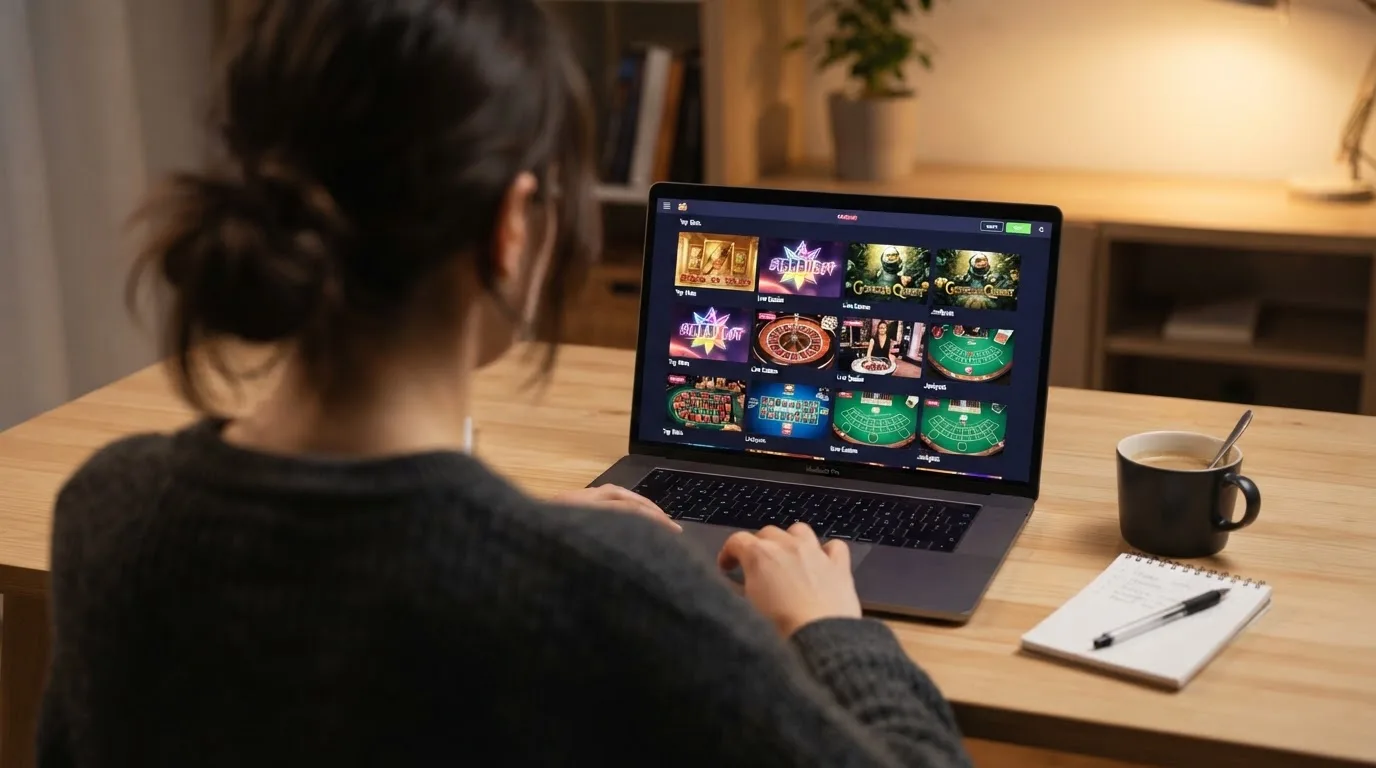 Person am Laptop liest eine Übersichtsseite zu Geldspielen im Internet — beste online casino mit cashtocode bezahlen