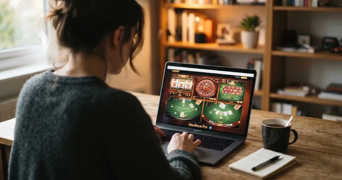 Person am Laptop liest eine Übersichtsseite zu Geldspielen im Internet — beste online casino schweiz