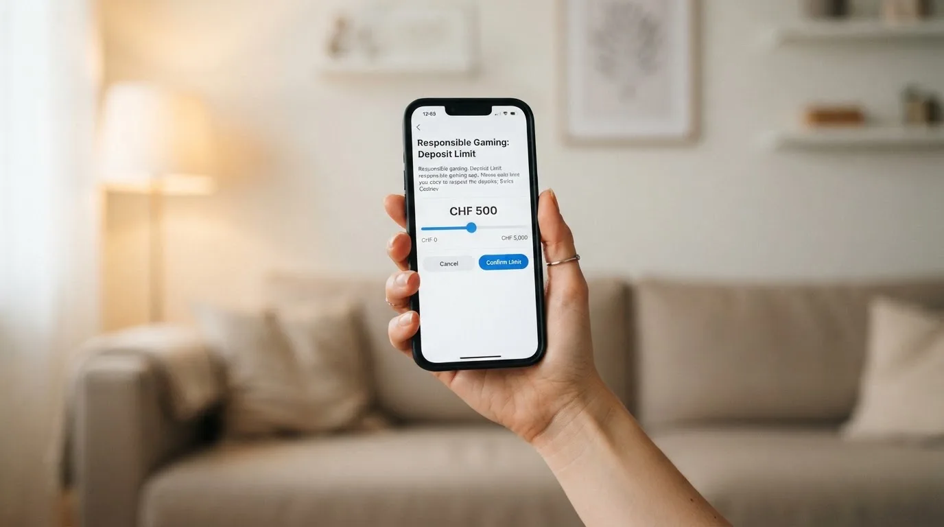 Hand hält ein Smartphone mit einem Formular zur Einzahlungsgrenze, ruhige Stimmung — beste online casino schweiz