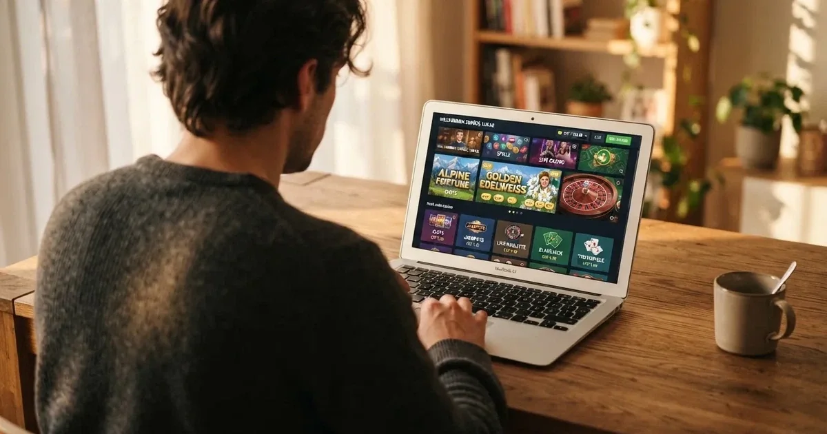Person am Laptop liest eine Übersichtsseite zu Geldspielen im Internet — beste online casinos echtgeld