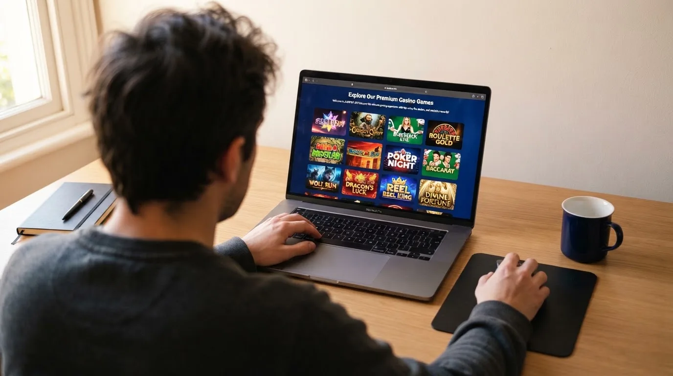 Person am Laptop liest eine Übersichtsseite zu Geldspielen im Internet — beste online spielothek casinos