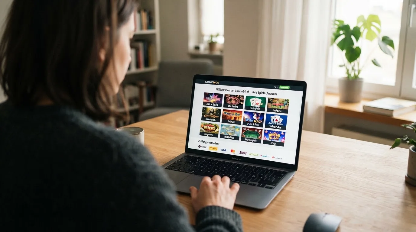 Person am Laptop liest eine Übersichtsseite zu Geldspielen im Internet — bester willkommensbonus online casino