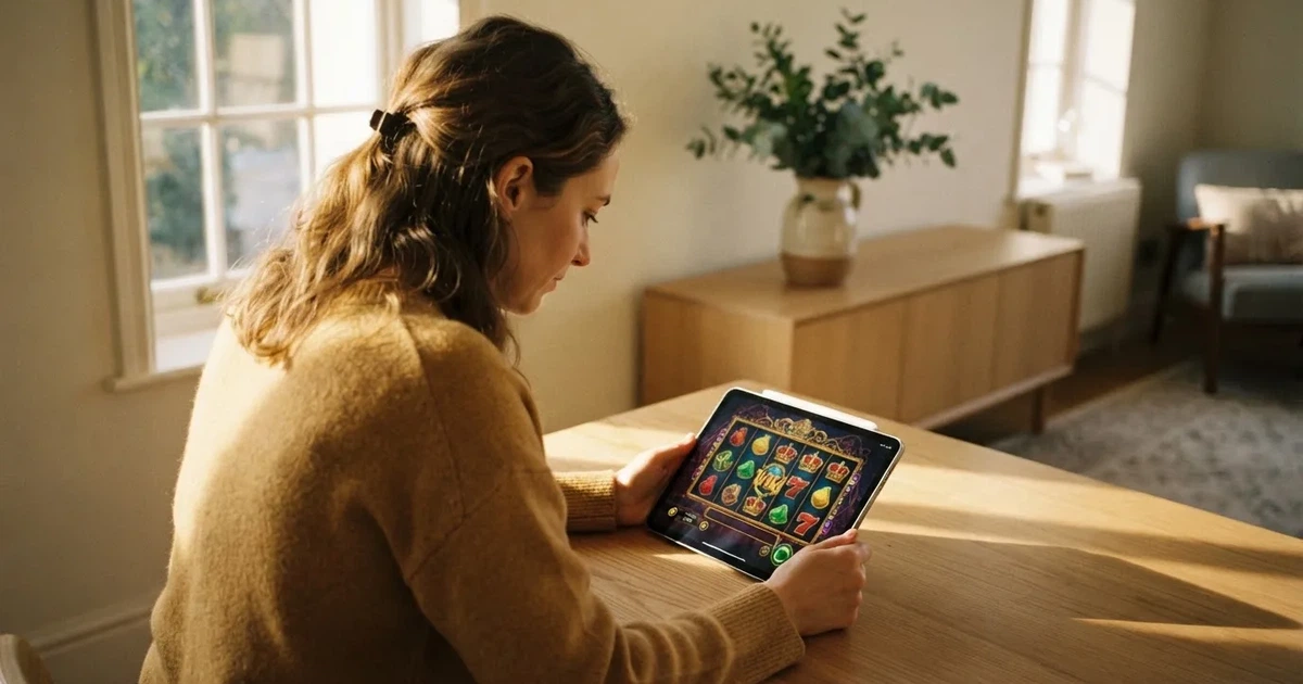 Frau sitzt am Wohnzimmertisch und schaut konzentriert auf ihr Tablet, Nachmittagslicht durchs Fenster.