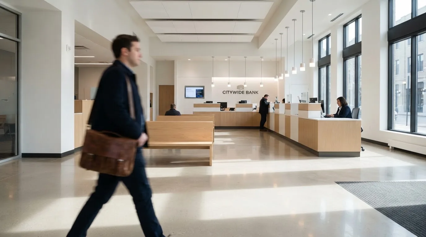 Blick auf eine helle Bankfiliale mit Wartebereich, im Vordergrund unscharf eine Person mit Jacke.