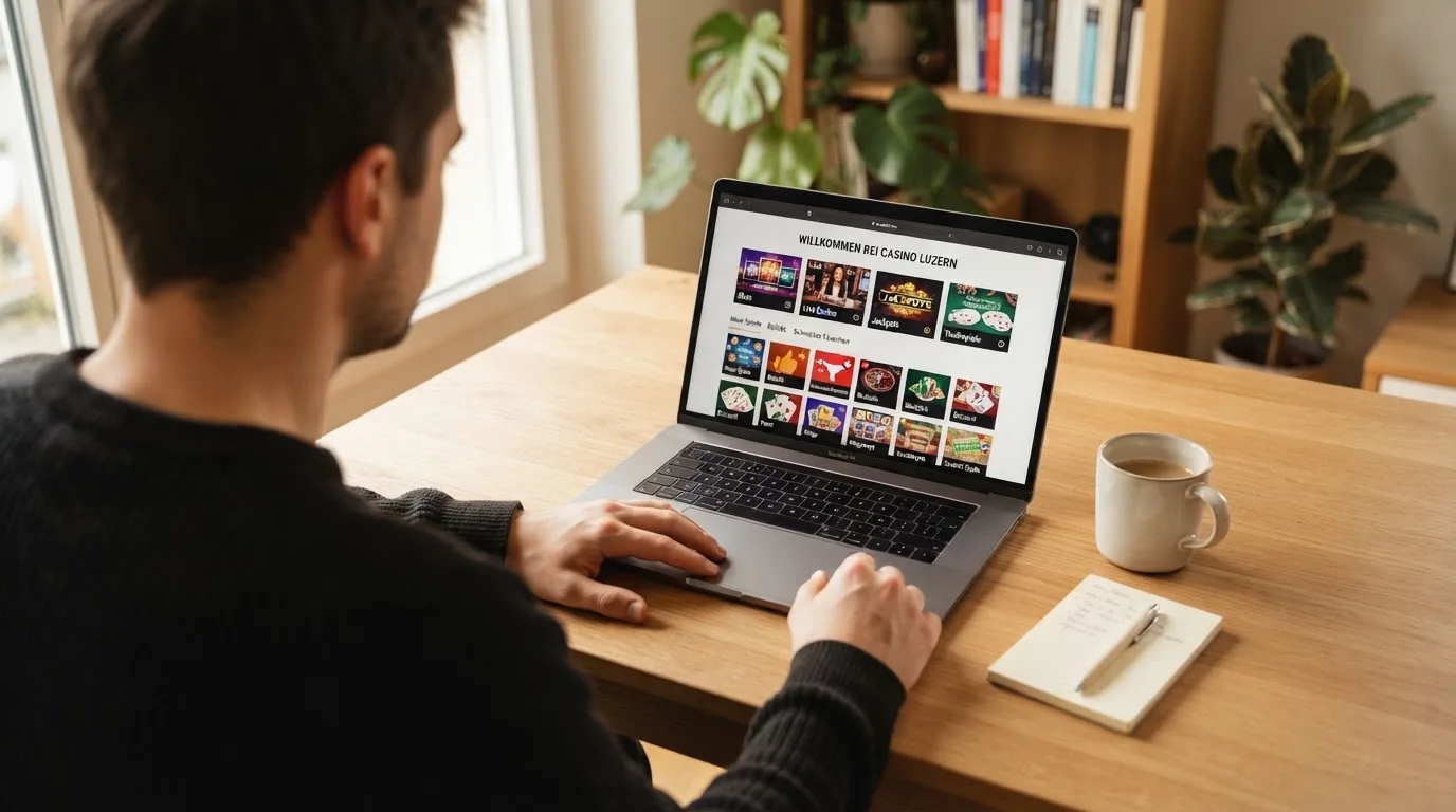 Person am Laptop liest eine Übersichtsseite zu Geldspielen im Internet — binance coin casino vergleich