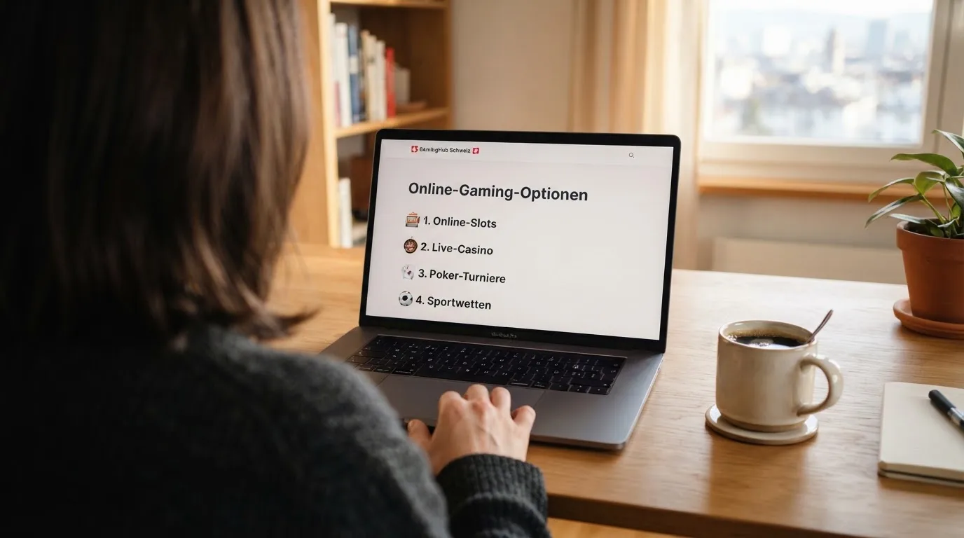 Person am Laptop liest eine Übersichtsseite zu Geldspielen im Internet — bitcoin cash casino vergleich