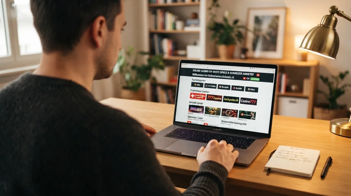 Person am Laptop liest eine Übersichtsseite zu Geldspielen im Internet — casino bonus ohne einzahlung