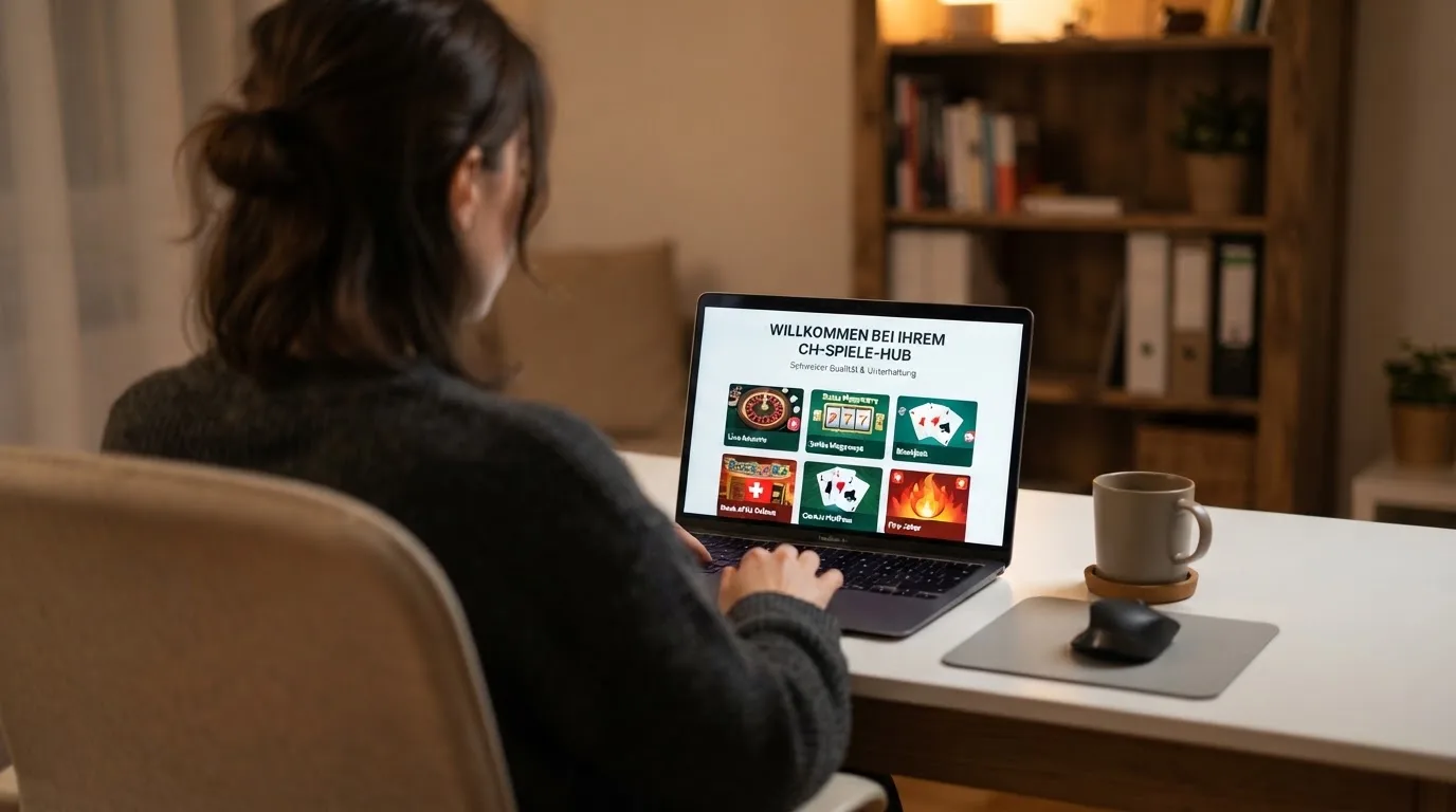 Person am Laptop liest eine Übersichtsseite zu Geldspielen im Internet — casino online mit bonus ohne einzahlung