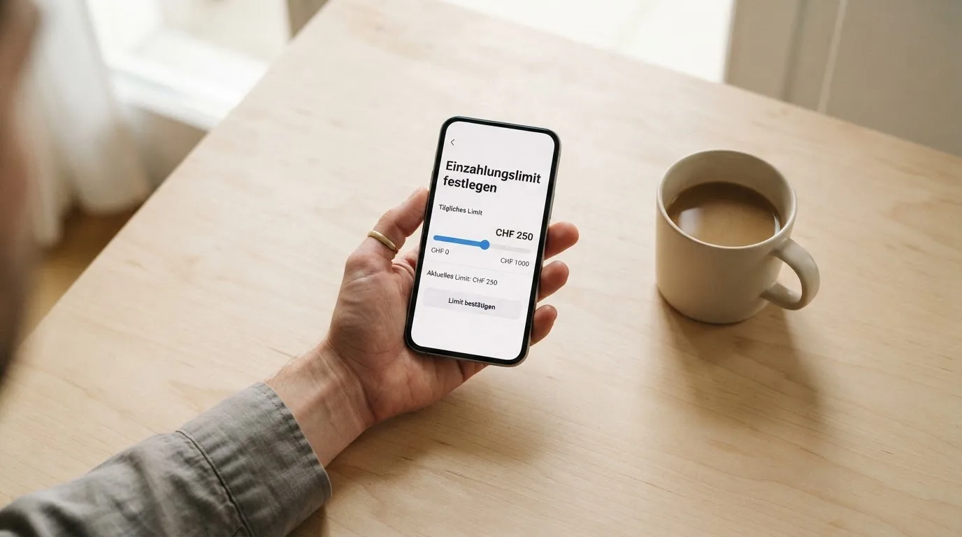 Hand hält ein Smartphone mit einem Formular zur Einzahlungsgrenze, ruhige Stimmung — freie 90 tage qualifikationszeitraum casino