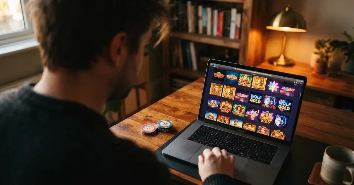 Person am Laptop liest eine Übersichtsseite zu Geldspielen im Internet — freie 90 tage qualifikationszeitraum casino