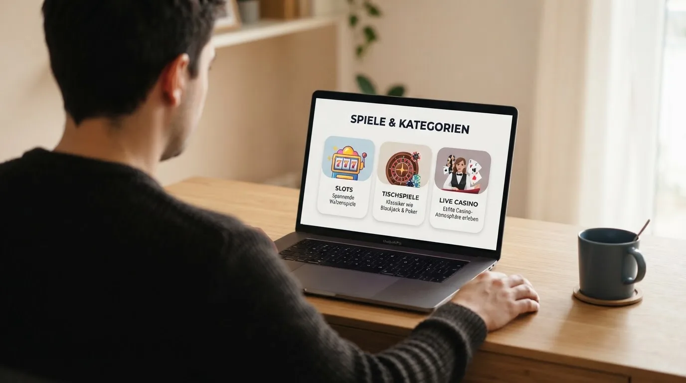 Person am Laptop liest eine Übersichtsseite zu Geldspielen im Internet — online casino bonus ohne umsatzbedingungen