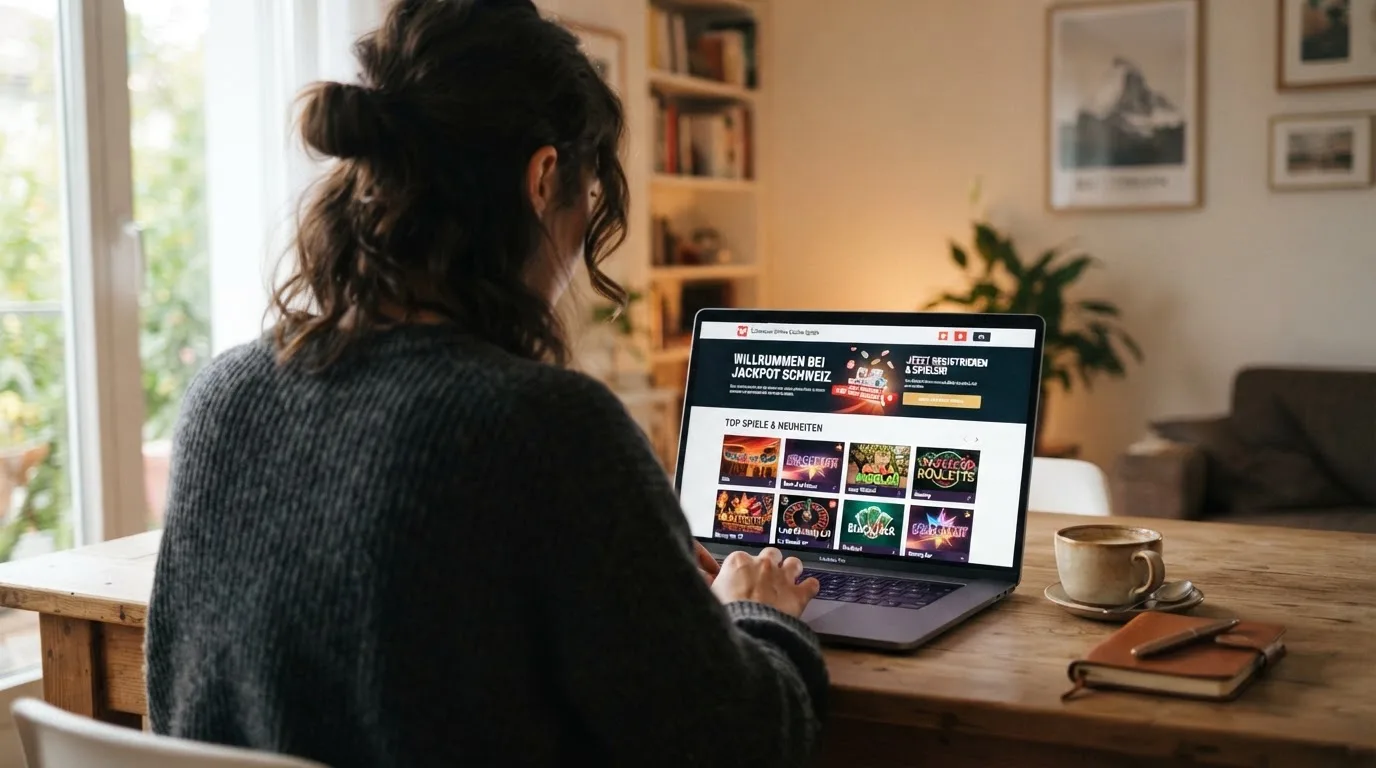 Person am Laptop liest eine Übersichtsseite zu Geldspielen im Internet — online casino mit autoplay