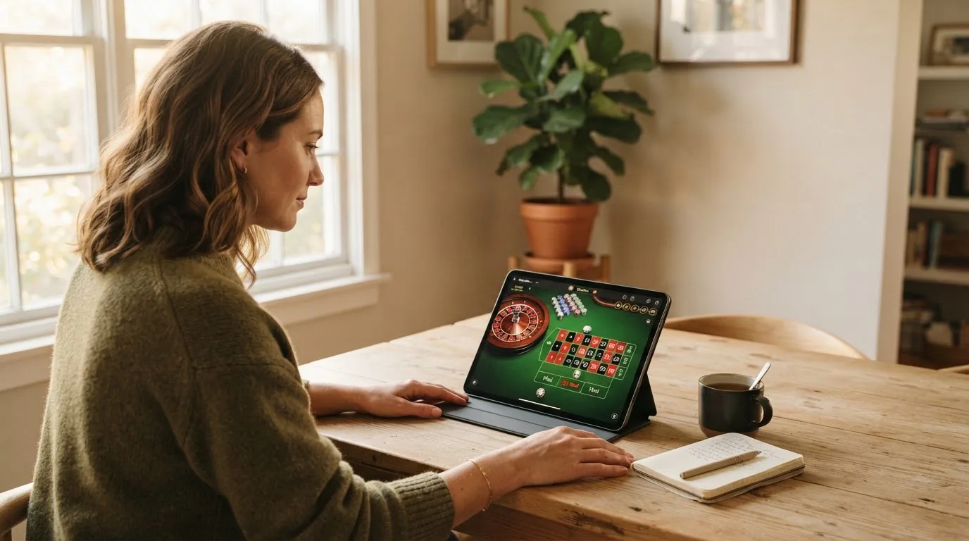 Frau sitzt am Wohnzimmertisch und schaut konzentriert auf ihr Tablet, Nachmittagslicht durchs Fenster.